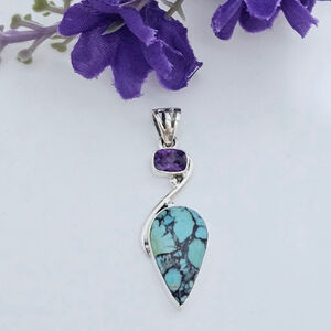 Genuine Turquoise Stone And Amethyst Sterling Silver Pendant